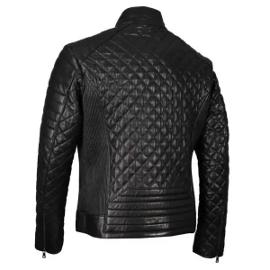 Men Black Full Quilted Real Leather Jacket - Image 2