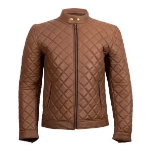 Men Brown Full Quilted Leather Jacket - Image 1