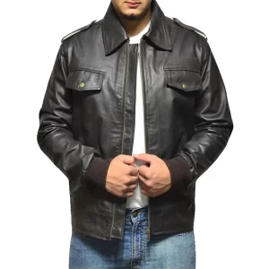 Men Casual Black Leather Bomber Jacket - Image 1