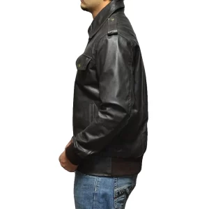 Men Casual Black Leather Bomber Jacket - Image 2