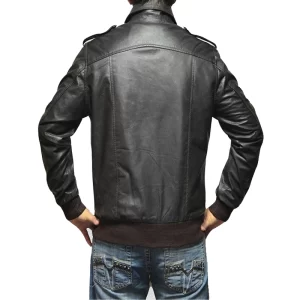 Men Casual Black Leather Bomber Jacket - Image 3