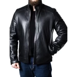 Men Sheepskin Black Leather Biker Jacket - Image 1