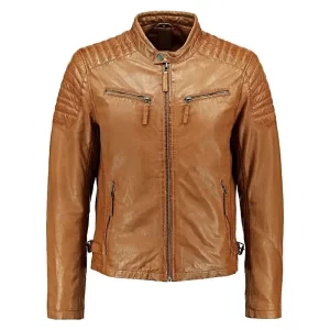 Men’s Paded Tan Leather Biker Jacket - Image 1
