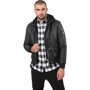 Men Hooded Black Leather Jacket - Image 1