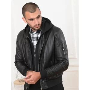 Men Hooded Black Leather Jacket - Image 3