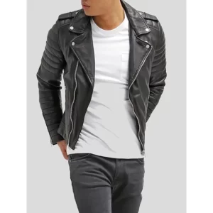 Men Black Leather Quilted Biker Jacket - Image 2