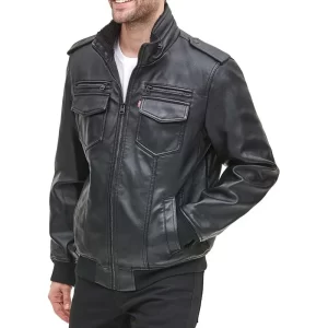 Mens Black Aviator Leather Jacket - Image 2