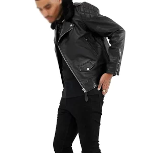 Men Leather Biker Jacket With Fur Collar - Image 2