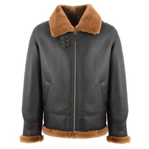 Mens Black Leather Brown Shearling Jacket