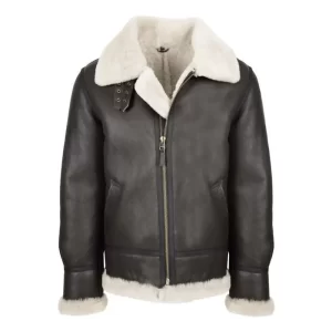 Mens Black Leather White Shearling Jacket
