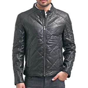 Mens Quilted Black Leather Jacket - Image 1