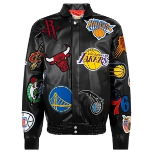 NBA Collage Vegan Leather Bomber Jacket