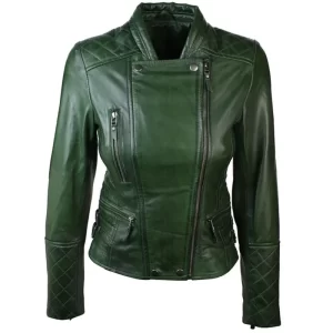 Womens Green Leather Biker Quilted Jacket - Image 1