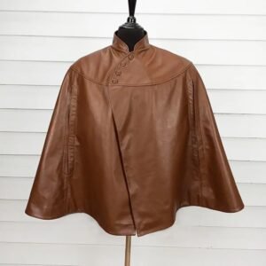 Vintage Brown Leather Cape Coat for Women – Steampunk Gothic Poncho Cloak – High Neck Buttoned Cape Jacket