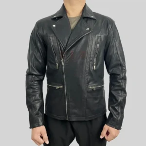 Men’s Classic Black Leather Biker Jacket – Slim Fit Motorcycle Coat with Zipper Details