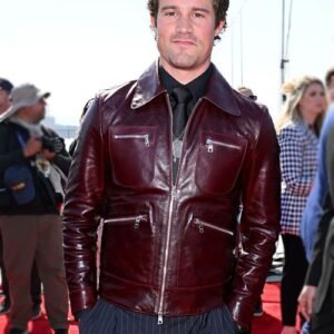 Jake Picking Top Gun: Maverick Premiere Leather Jacket | Burgundy Napa Leather Replica